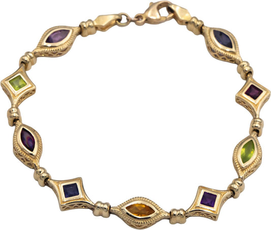 14k Yellow Gold 5.0CT Assorted Rainbow Gemstone Fancy Link Bracelet
