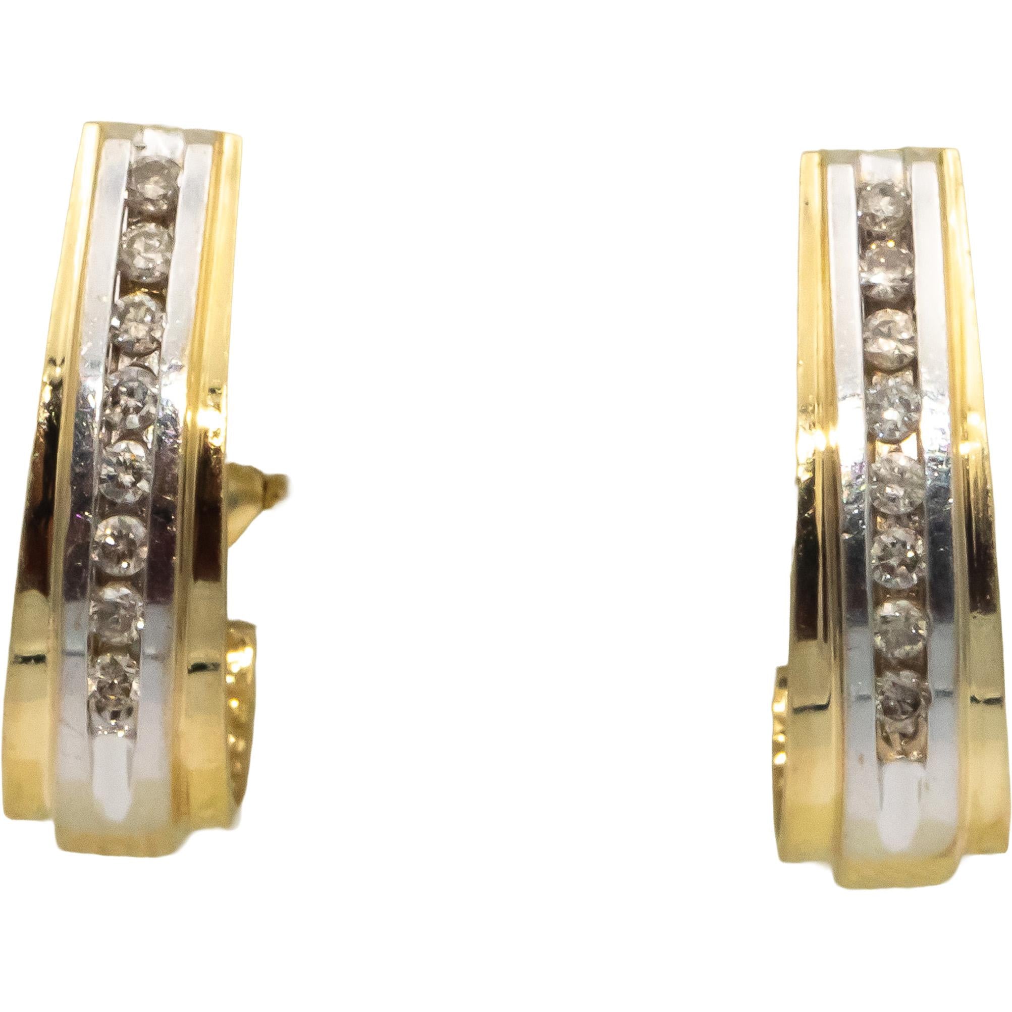 14k Yellow & White Gold Round Cut Diamond Curved Huggie Style Earrings 0.25CT