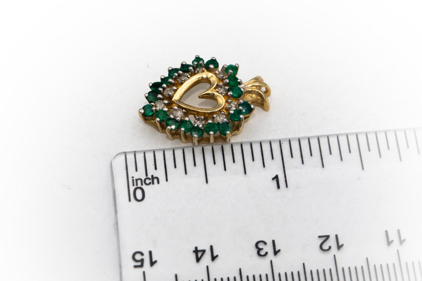 14k Yellow Gold 0.85CT Diamond and Emerald Cluster Heart Pendant