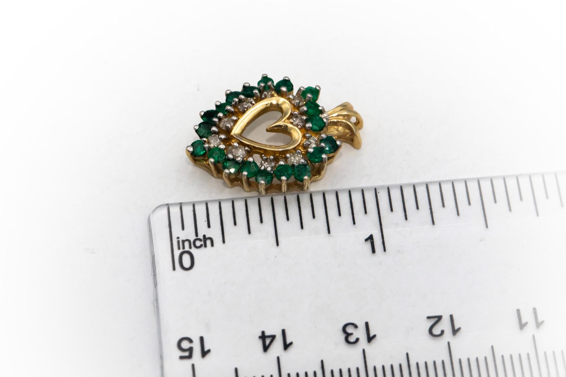 14k Yellow Gold 0.85CT Diamond and Emerald Cluster Heart Pendant