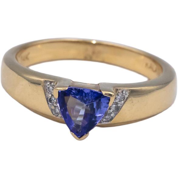 Designer 14k Yellow Gold 0.54CT Round Diamond Trillion Tanzanite Ring Size 6.75