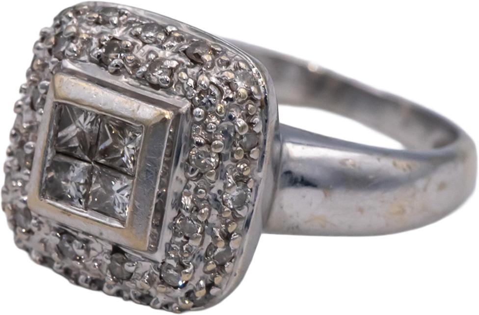 14k White Gold Round & Princess Cut Diamond Cluster Ring 0.40CT Size 4.75