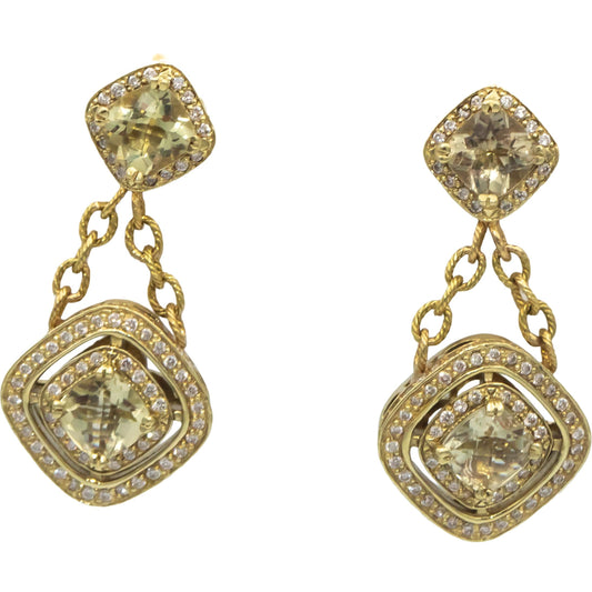 14k Yellow Gold 4.70CT VS Round Diamond and Cushion Citrine Drop Dangle Earrings