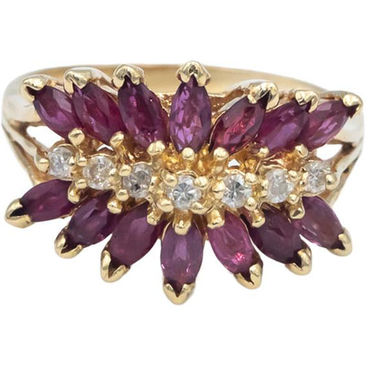 14k Yellow Gold Ruby and Diamond Cluster Cocktail Ring 1.15CT Size 7