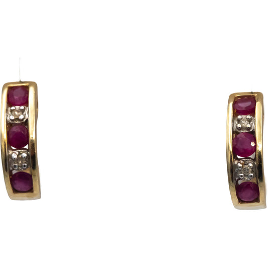 Diamond & Ruby 10k Yellow Gold Curved Stud Earrings 0.34CT