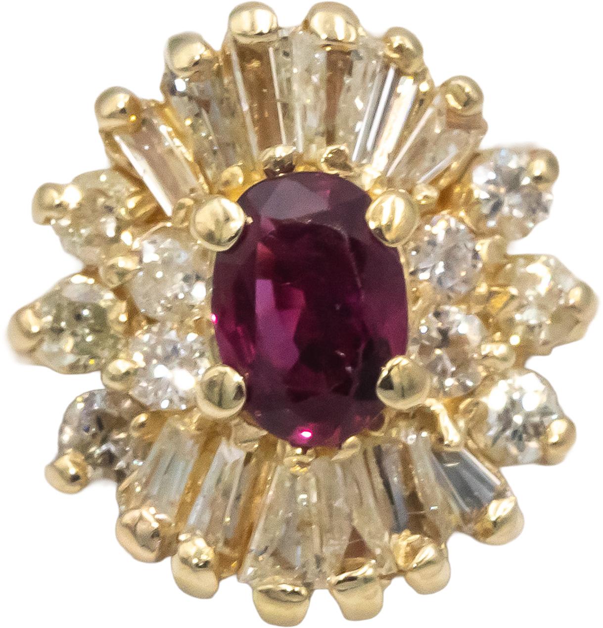 Diamond and Ruby 14k Yellow Gold Cluster Cocktail Ring 1.01CT Size 6.5