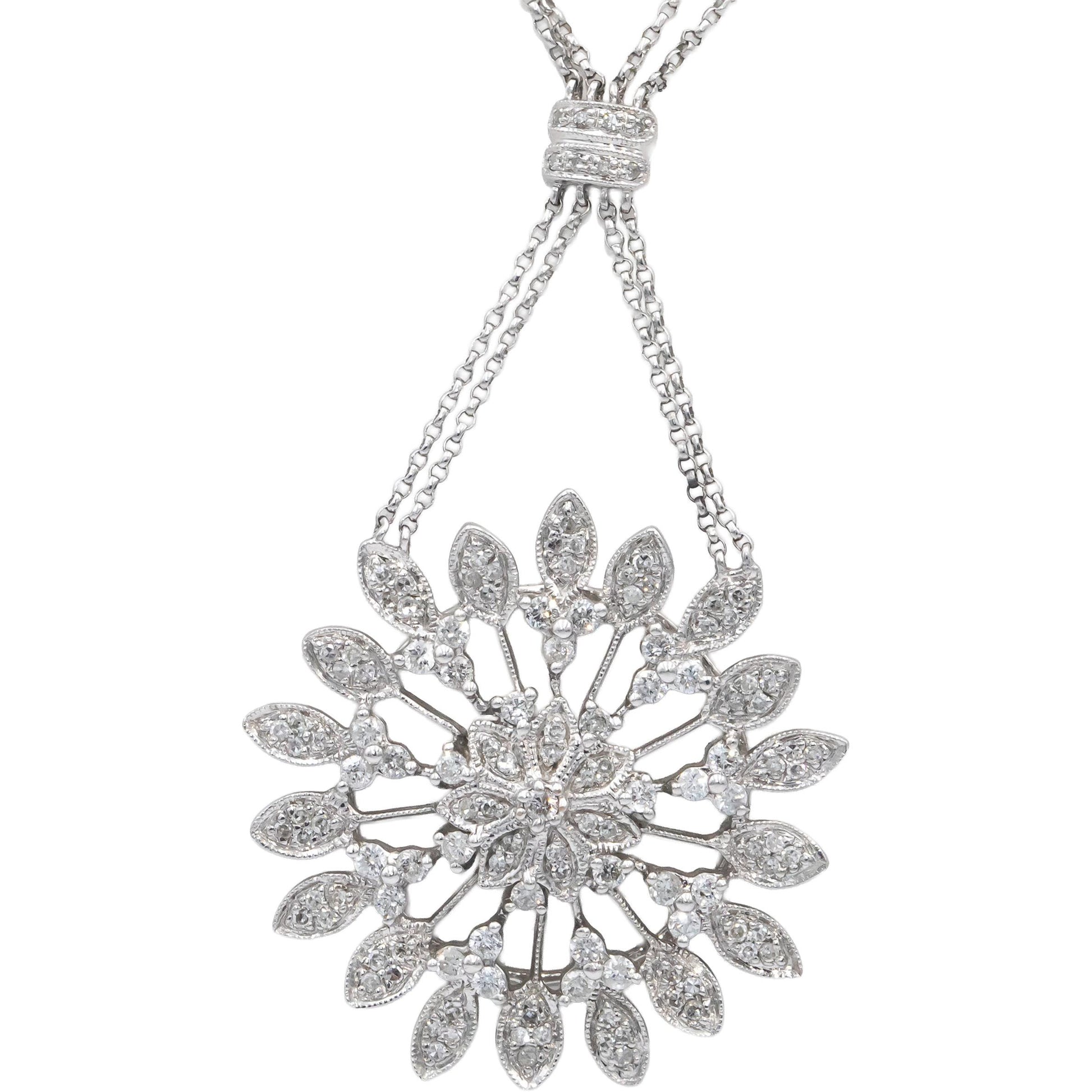 Round Diamond 14k White Gold Floral Pendant Double Chain Necklace 1.0CT