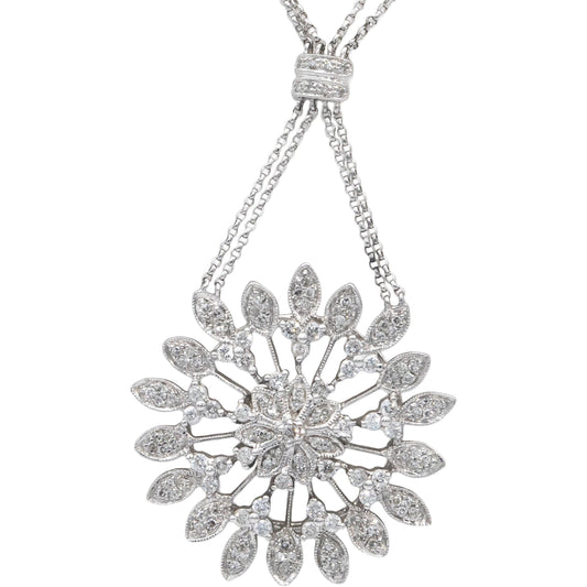 Round Diamond 14k White Gold Floral Pendant Double Chain Necklace 1.0CT