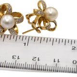 14k Yellow Gold Round Diamond & 8mm Pearl Floral Ribbon Earrings 0.25CT