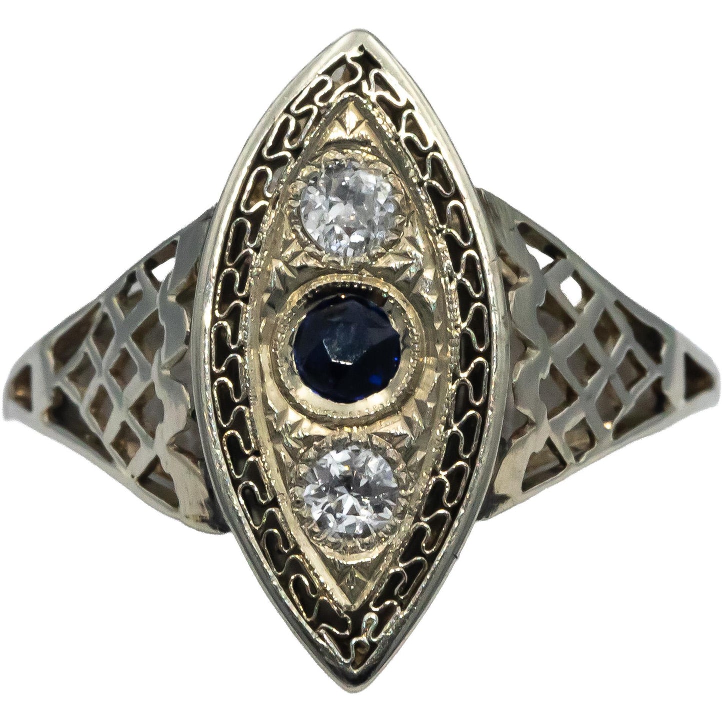 Vintage Antique 10k White Gold Old Euro Diamond & Sapphire Ring 0.26CT Size 8