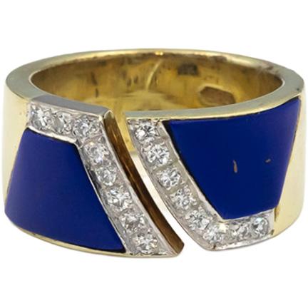 14k Yellow Gold VS Round Diamond & Lapis Lazuli Band Ring 0.33CT Size 6