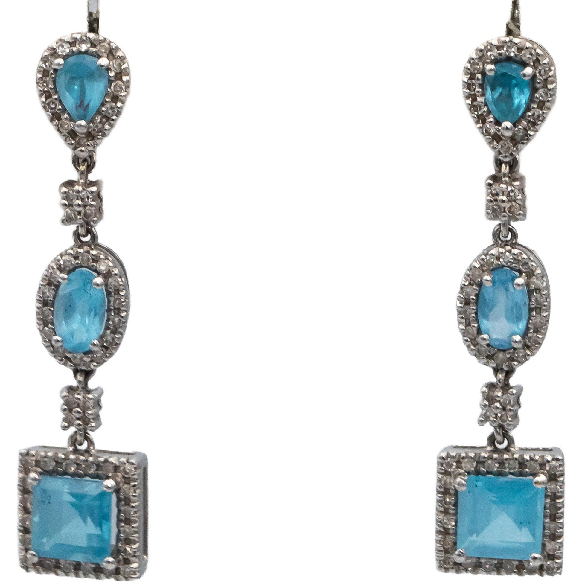 14k White Gold Blue Topaz & Diamond Drop Dangle Earrings 2.80CT