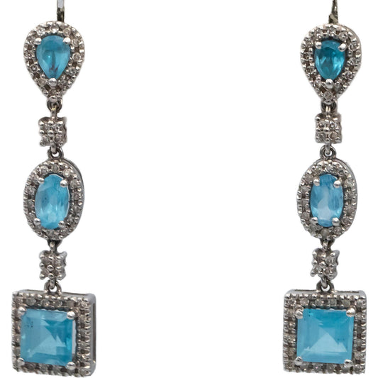 14k White Gold Blue Topaz & Diamond Drop Dangle Earrings 2.80CT