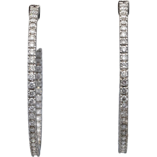 14k White Gold VS Round Diamond Inside Out Hoop Earrings 2.90CT