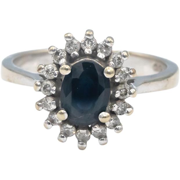 10k White Gold Round Diamond Oval Sapphire Halo Ring 1.0CT Size 6.75