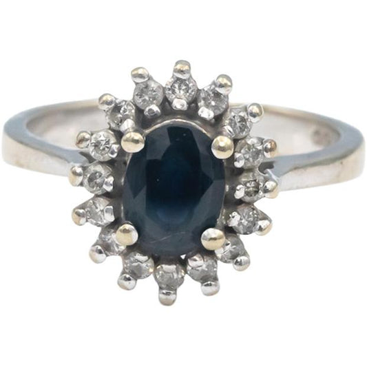 10k White Gold Round Diamond Oval Sapphire Halo Ring 1.0CT Size 6.75