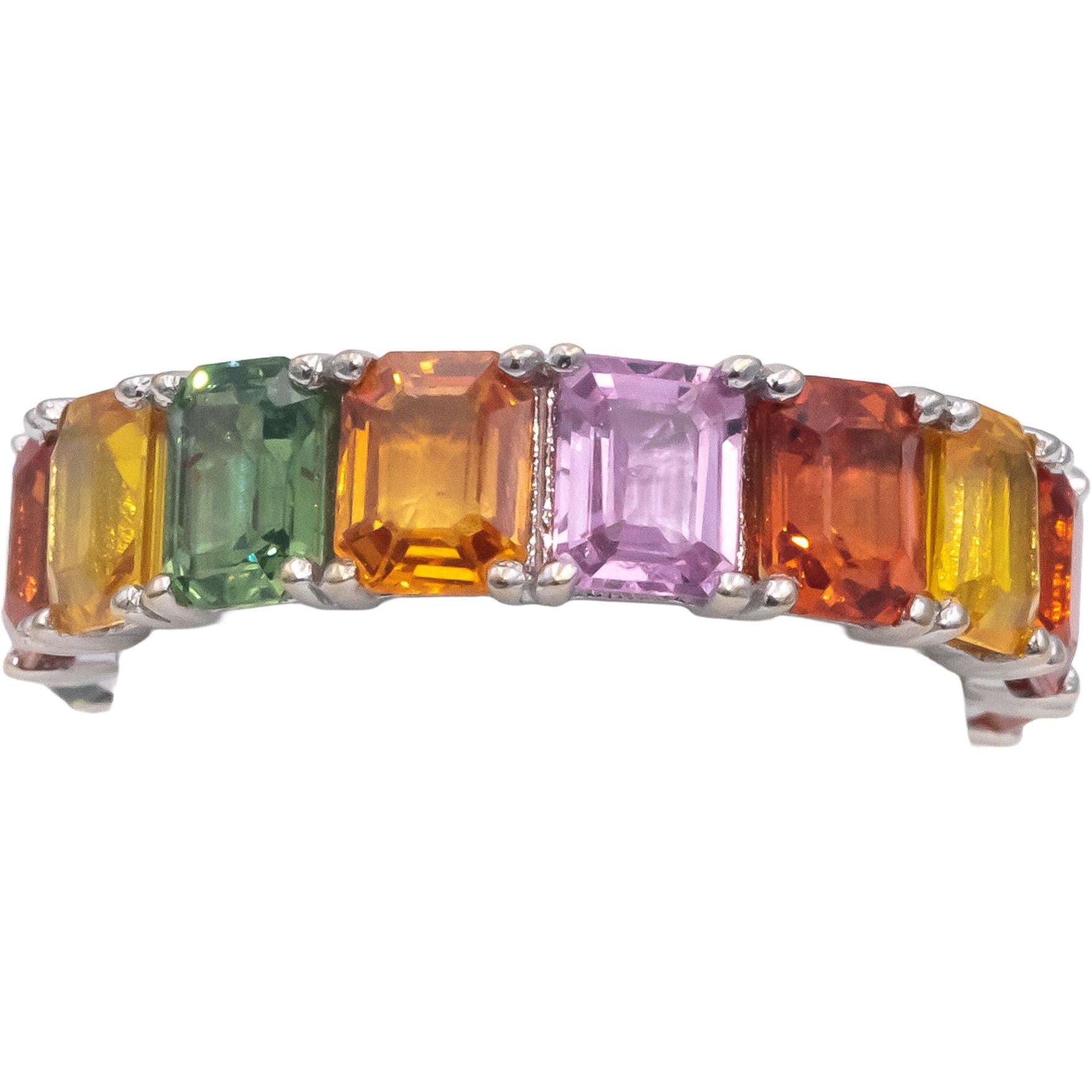 18k White Gold Emerald Cut Rainbow Sapphire Eternity Band Ring 7.50CTW Size 6.75