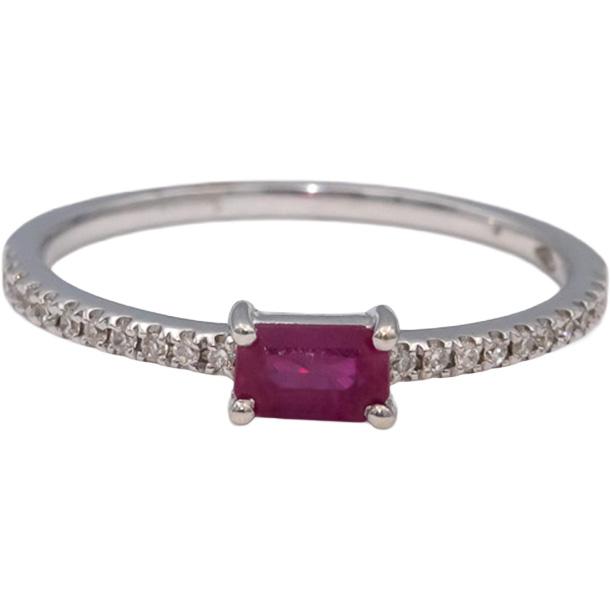 18k White Gold Emerald Cut Ruby Round Diamond Band Ring 0.45CT Size 7