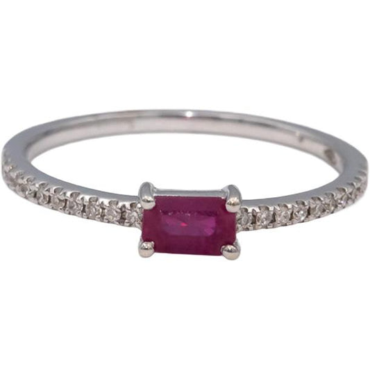 18k White Gold Emerald Cut Ruby Round Diamond Band Ring 0.45CT Size 7