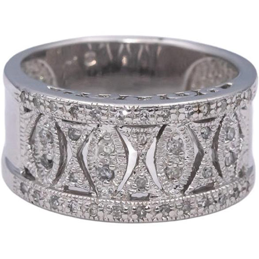 14k White Gold Round Diamond Wide Filigree Band Ring 0.27CT Size 7.25