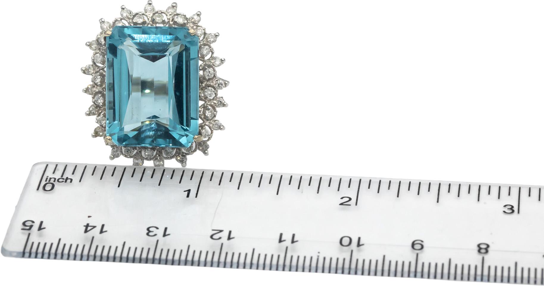 14k White Gold Emerald Cut Aquamarine Round Diamond Cocktail Ring 0.87CT Sz. 8.5