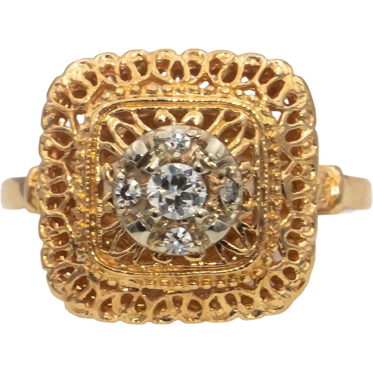 14k Yellow Gold VS Round Diamond Art Deco Filigree Ring 0.15CT Size 9.25