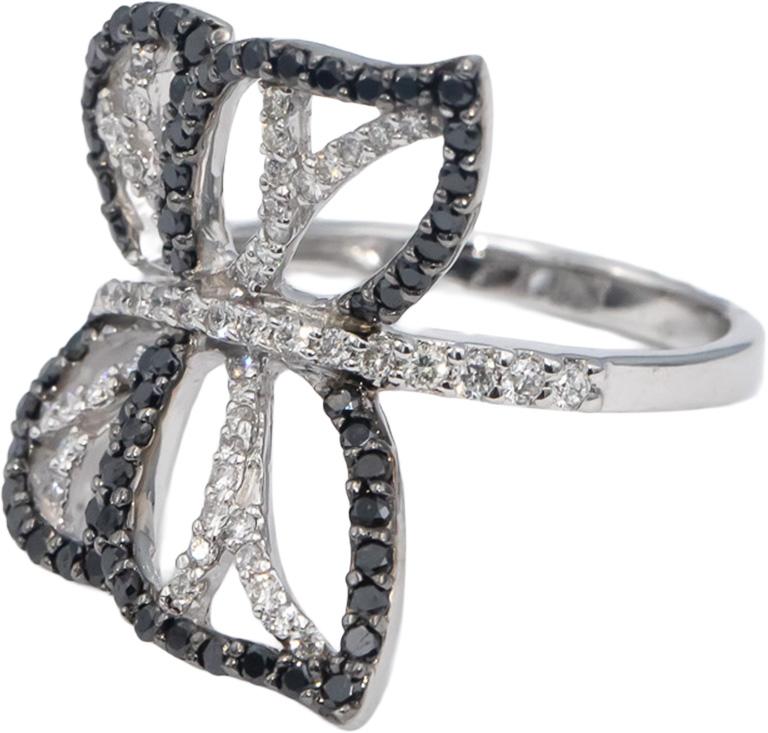 14k White Gold Round White and Black Diamond Butterfly Ring 0.90CT Size 6.5