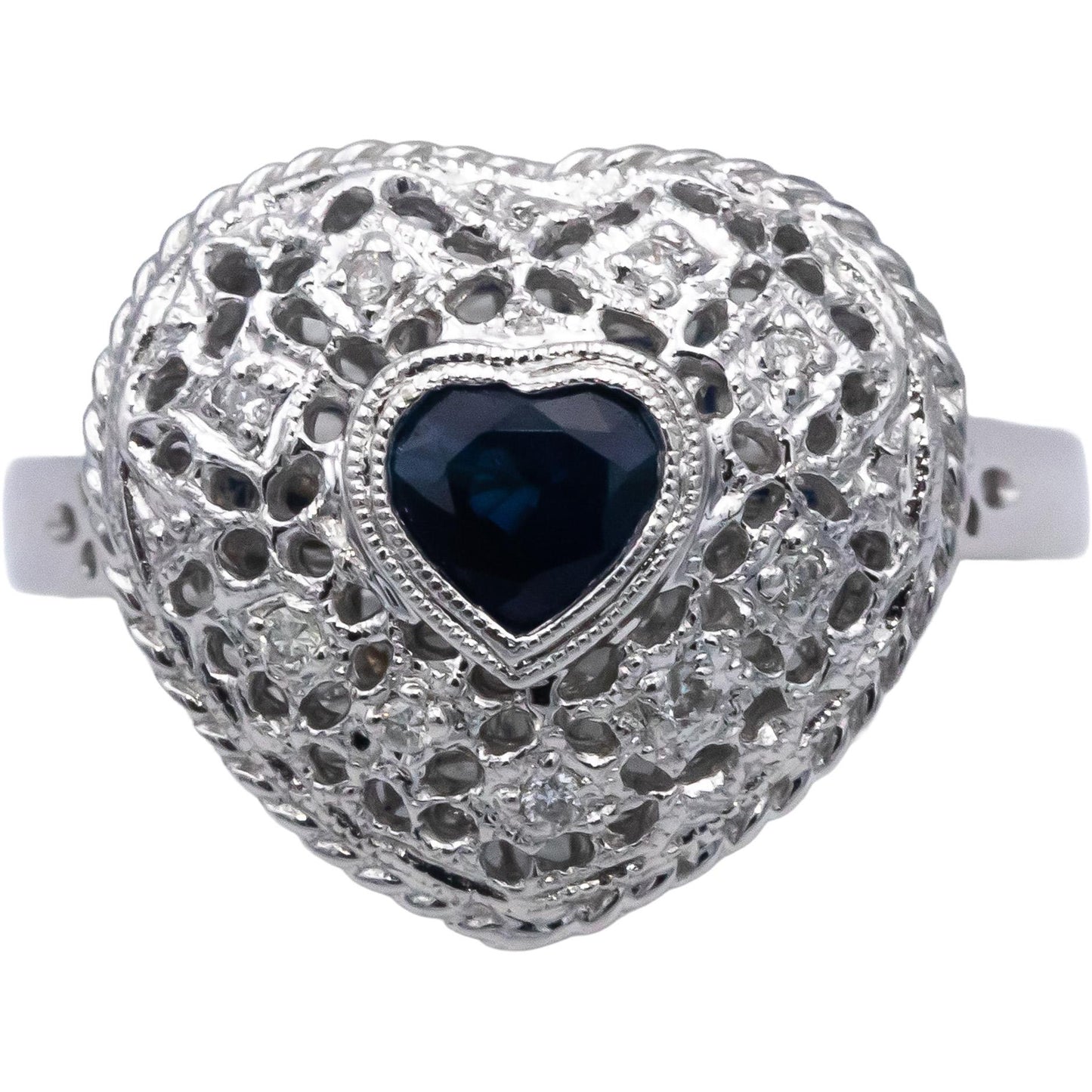 14k White Gold Blue Sapphire & Diamond Heart Filigree Ring 0.42CT Size 7