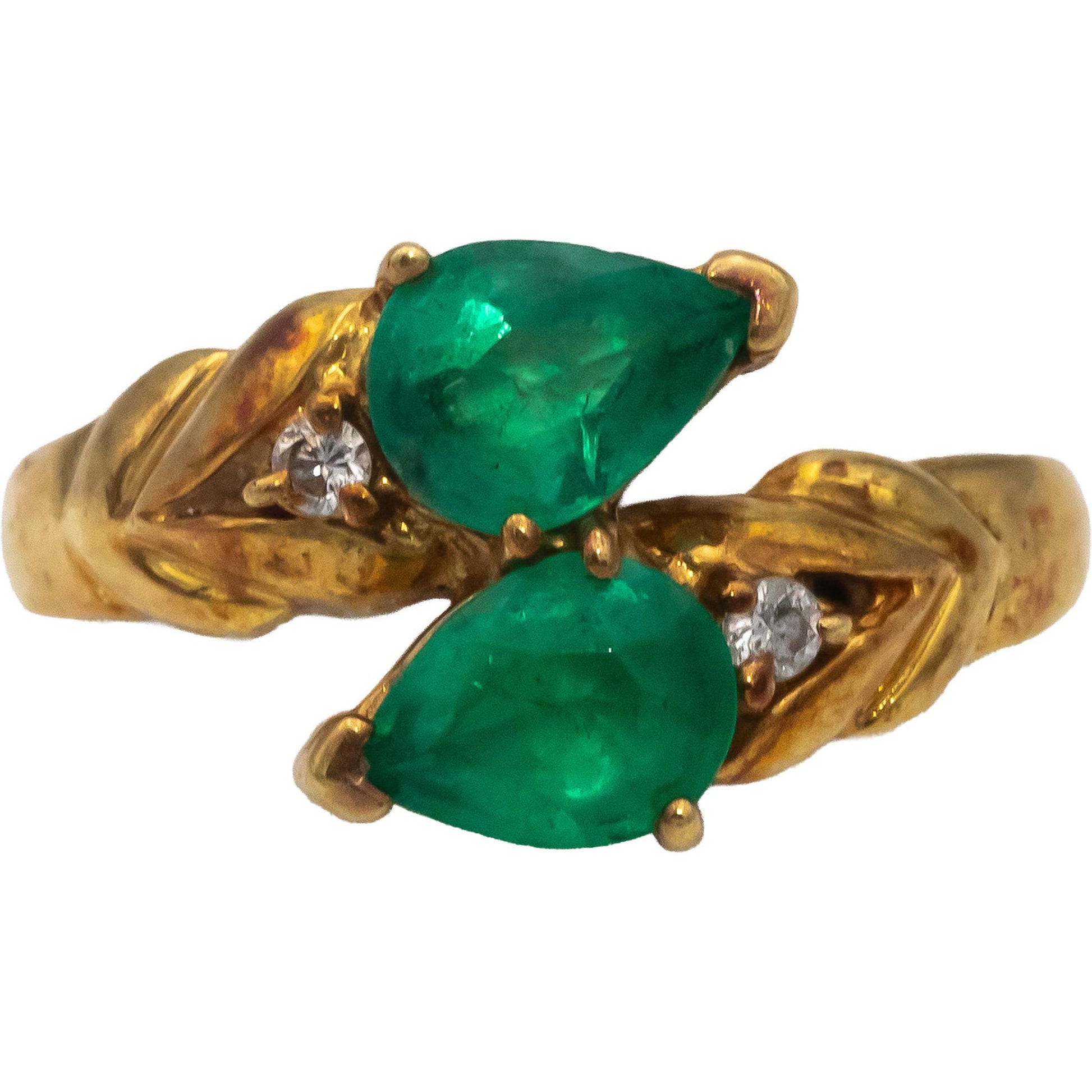 18k Yellow Gold Pear Emerald & Round Diamond Bypass Ring 1.95CT Size 9