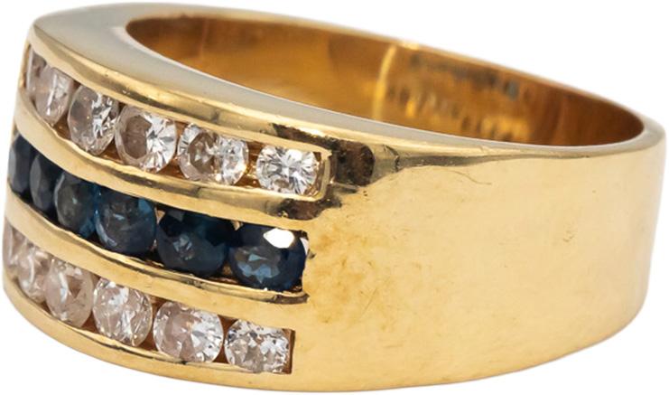 14k Yellow Gold Round Channel Set Diamond and Blue Sapphire Band Ring 0.90CT