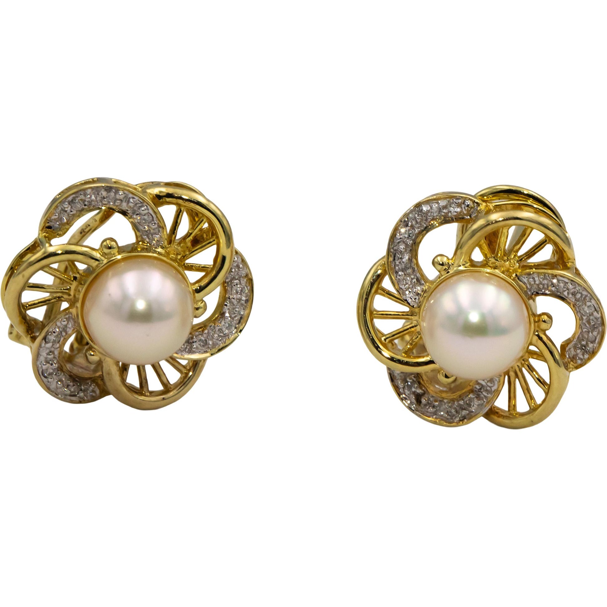 14k Yellow Gold Round Diamond and Pearl Floral Earrings 0.08CT