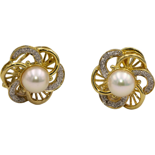 14k Yellow Gold Round Diamond and Pearl Floral Earrings 0.08CT