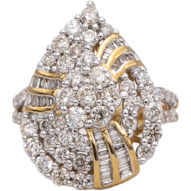 10k Yellow Gold Round and Baguette Diamond Cluster Cocktail Ring 2.0CT Size 7