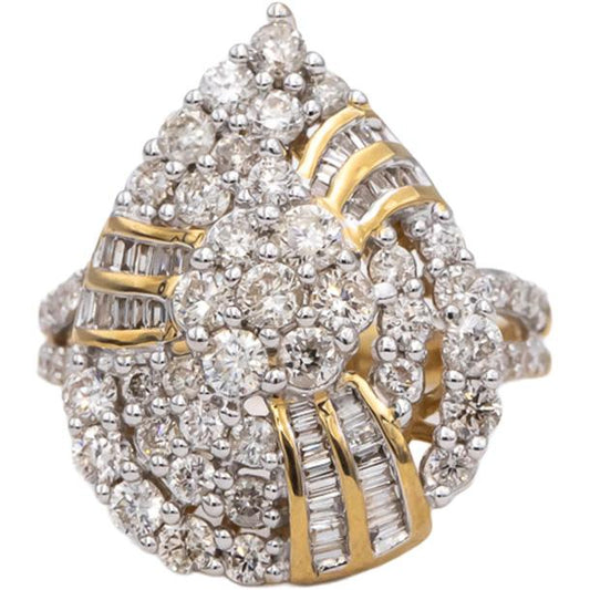 10k Yellow Gold Round and Baguette Diamond Cluster Cocktail Ring 2.0CT Size 7