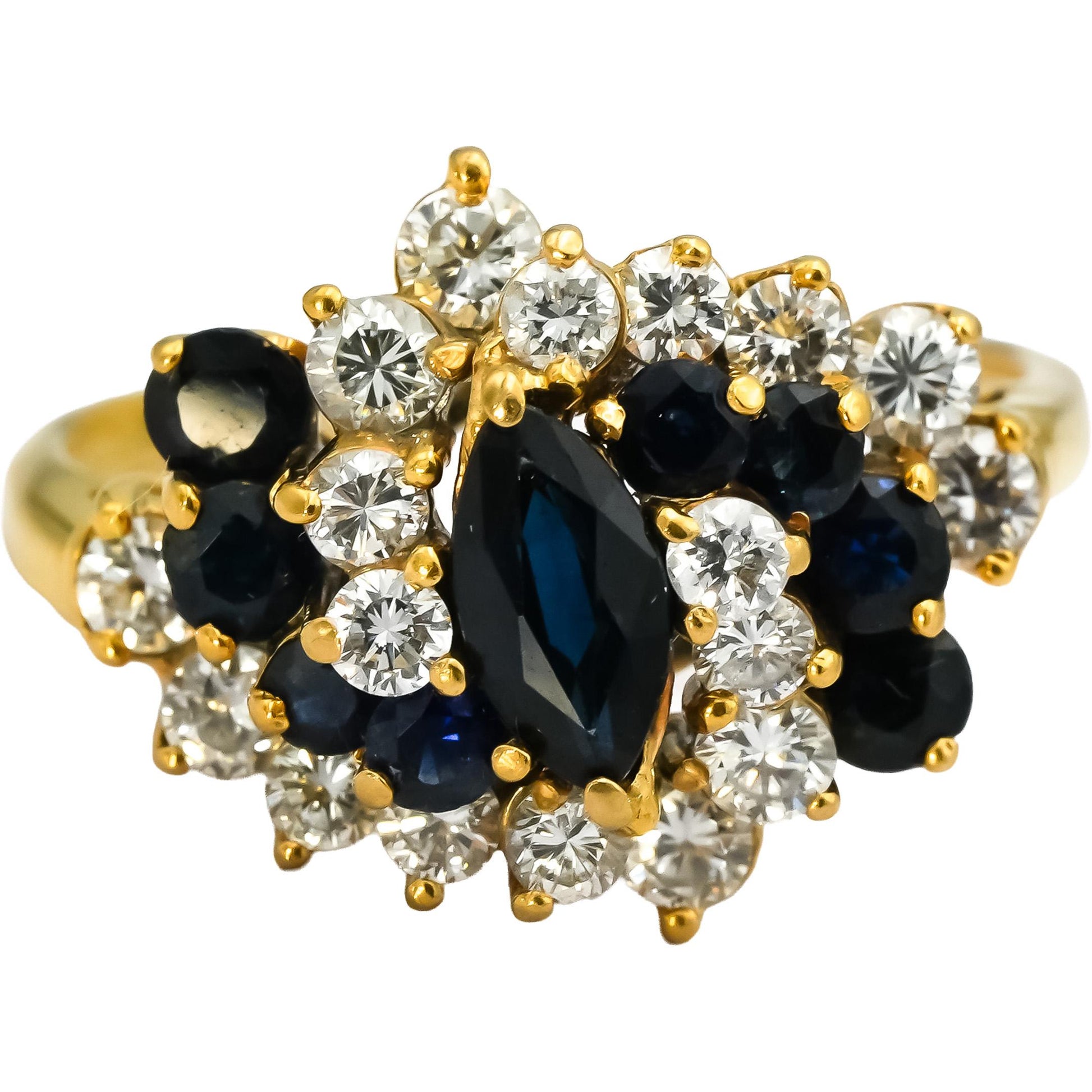 18k Yellow Gold VS Diamond and Blue Sapphire Cocktail Ring 1.75CT Size 10.5