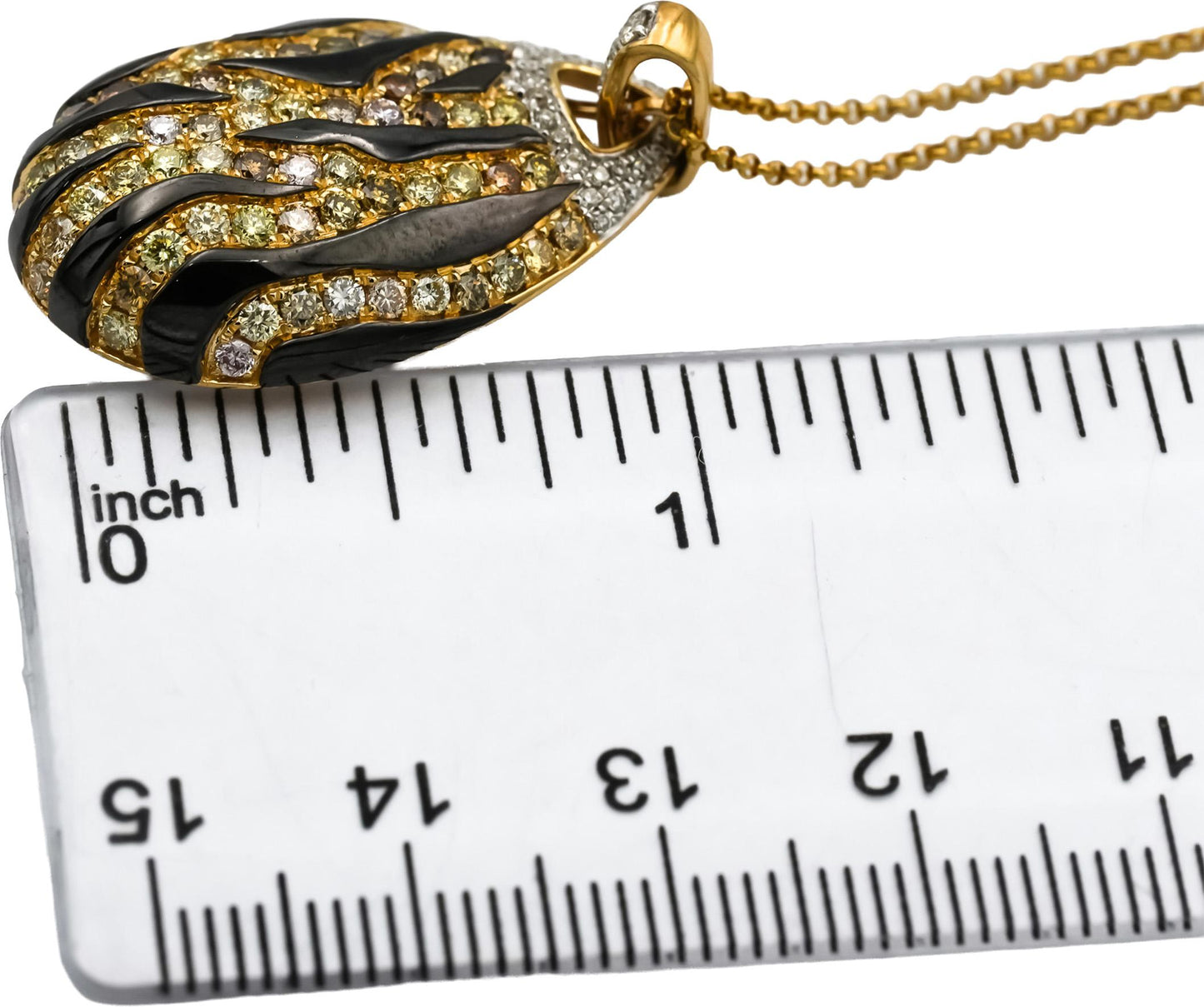 14k Yellow Gold Round Diamond and Enamel Animal Stripe Pendant Necklace 1.25CT