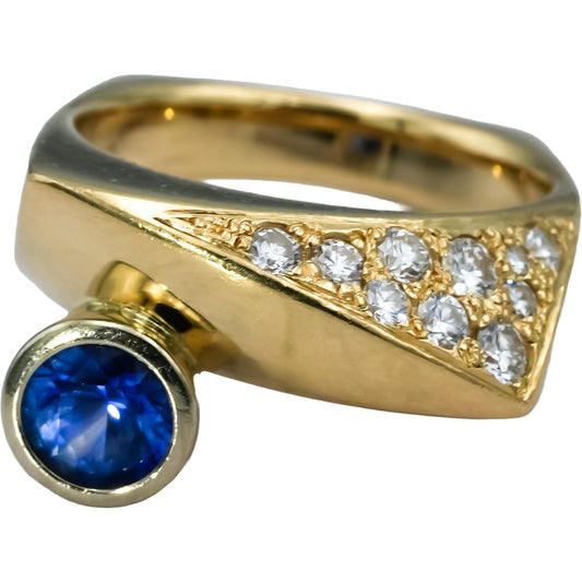 14k Yellow Gold Blue Sapphire & Diamond Pave Geometric Ring 1.0CTW Size 7.75