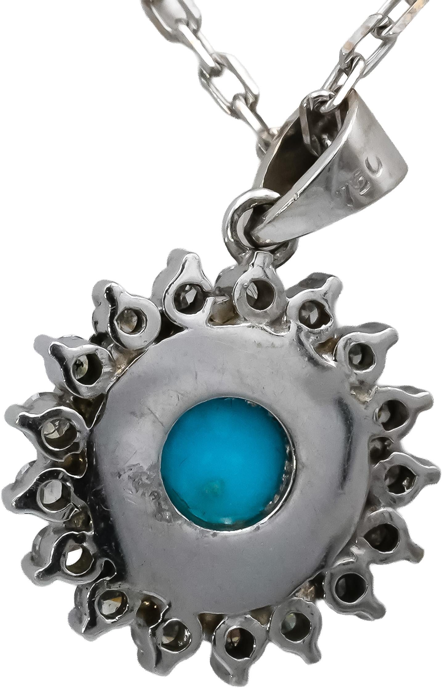 18k White Gold Round Diamond and Cabochon Turquoise Pendant Necklace 0.25CT