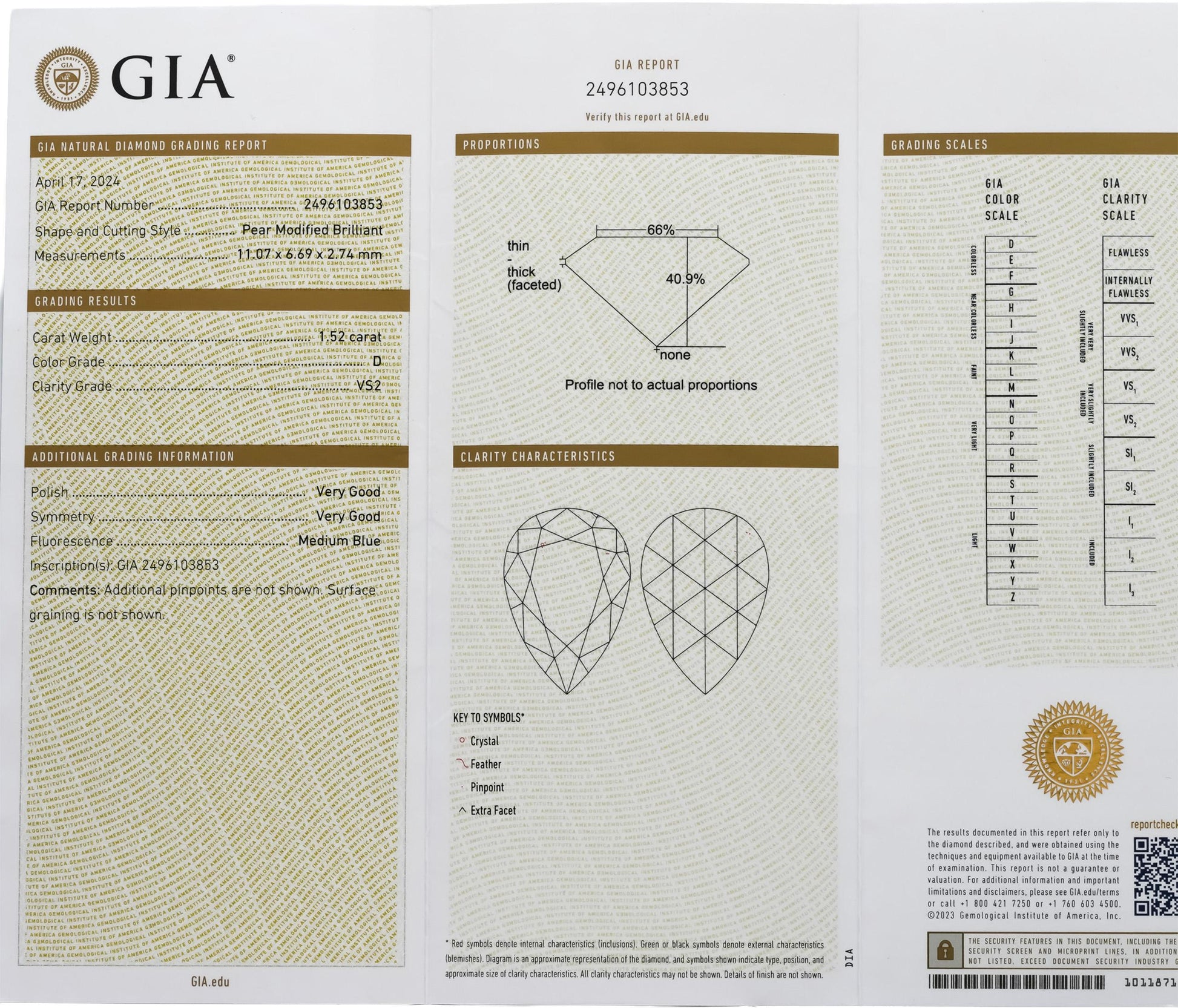 GIA Certified VS2/D Pear Brilliant Cut Diamond Loose Stone 1.52CT