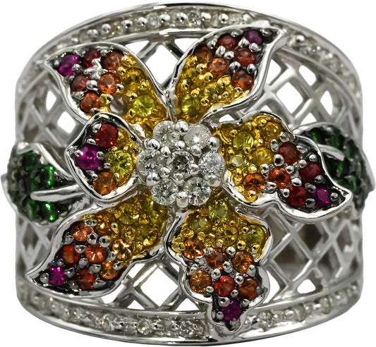 18k White Gold Diamond & Multi Color Gemstone Flower Ring 1.15CT Size 7.75