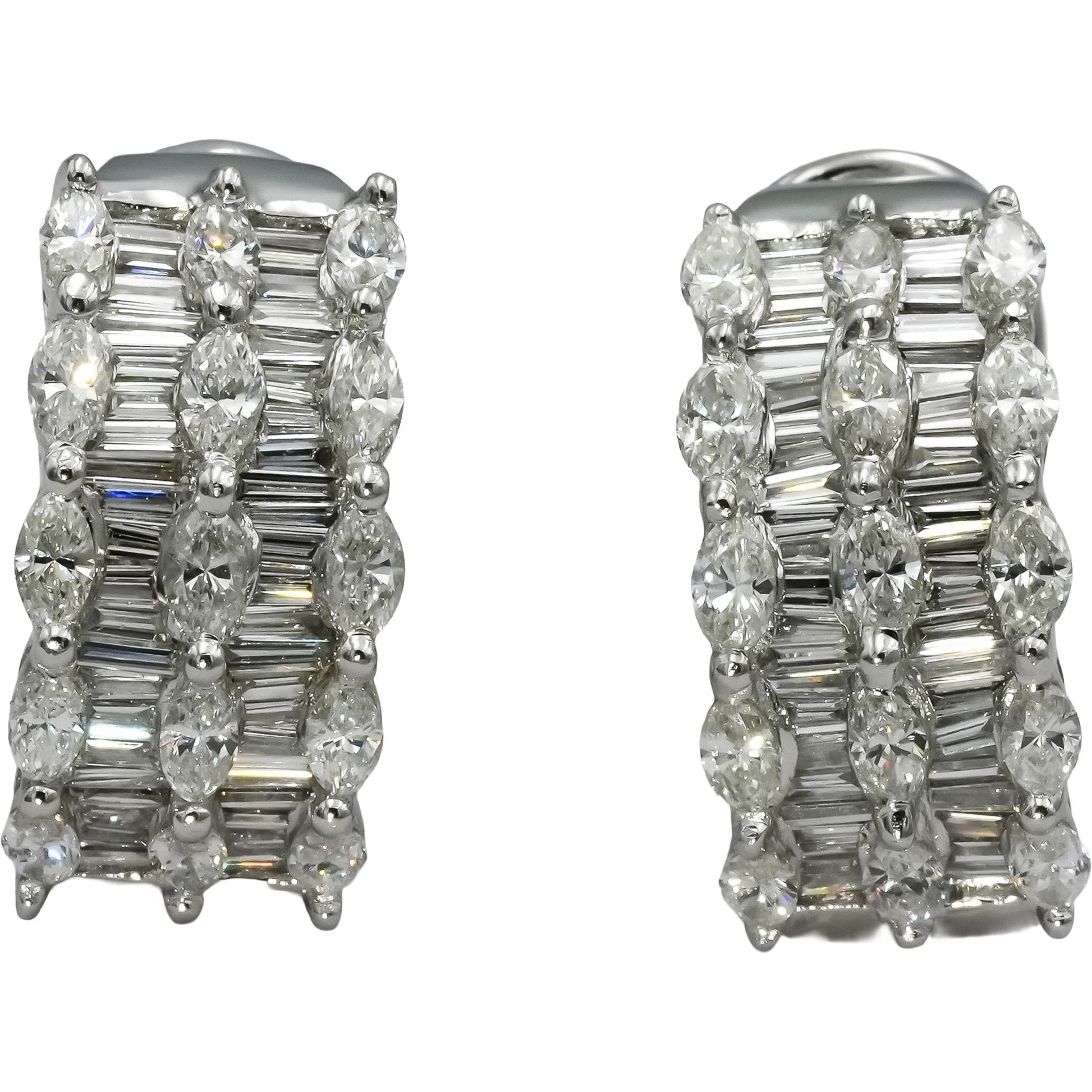 18k White Gold VS Marquise and Baguette Diamond Curved Earrings 3.50CT