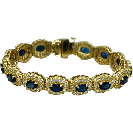 14k Yellow Gold Round Diamond and Oval Sapphire Halo Link Bracelet 16.0CT