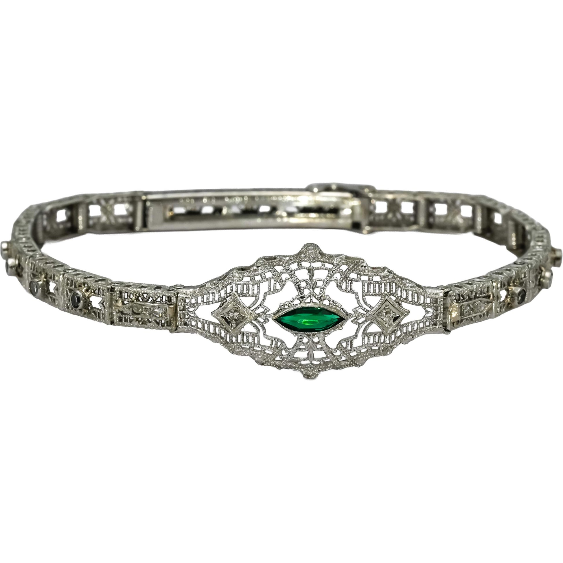 10k White Gold Diamond and Synthetic Emerald Filigree Bracelet 0.20CT