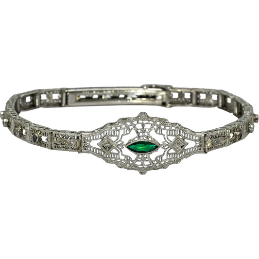 10k White Gold Diamond and Synthetic Emerald Filigree Bracelet 0.20CT