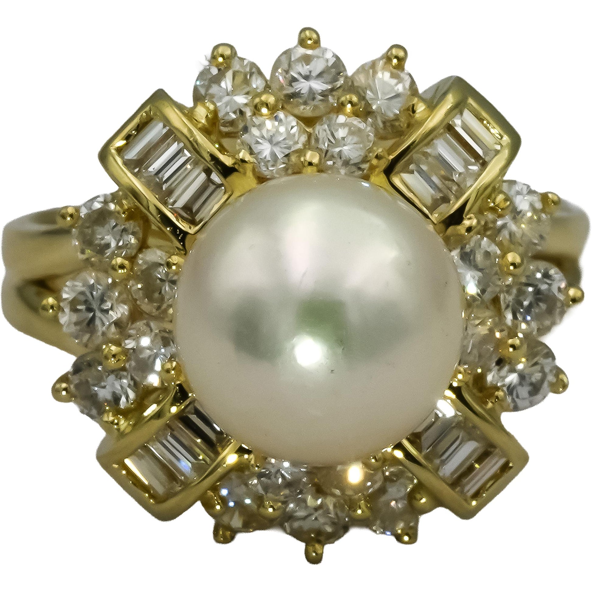 14k Yellow Gold Diamond and 9mm Pearl Cocktail Ring 1.50CT Size 6.75