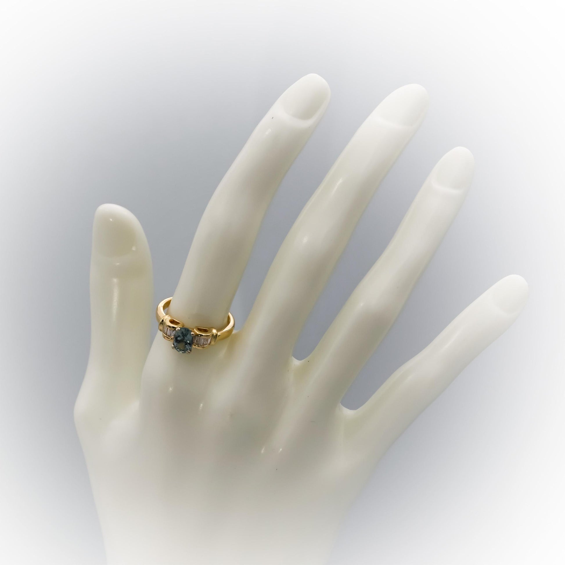 18k Yellow Gold Baguette Diamond and Oval Zircon Cocktail Ring 1.20CT Size 6.75