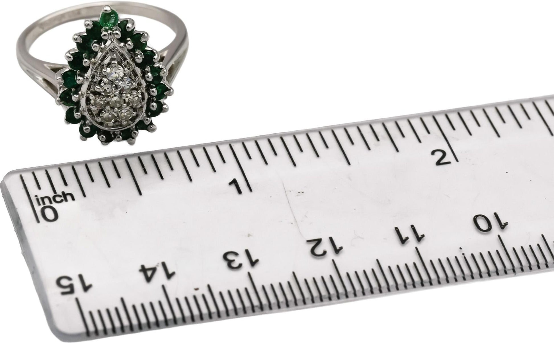 Vintage 14k White Gold Diamond & Emerald Cluster Cocktail Ring 0.61CT Size 8.25