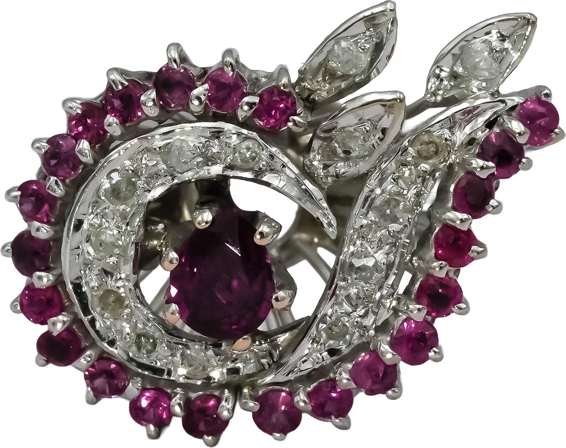 14k White Gold Diamond and Ruby Cocktail Ring 0.90CT Size 5.75