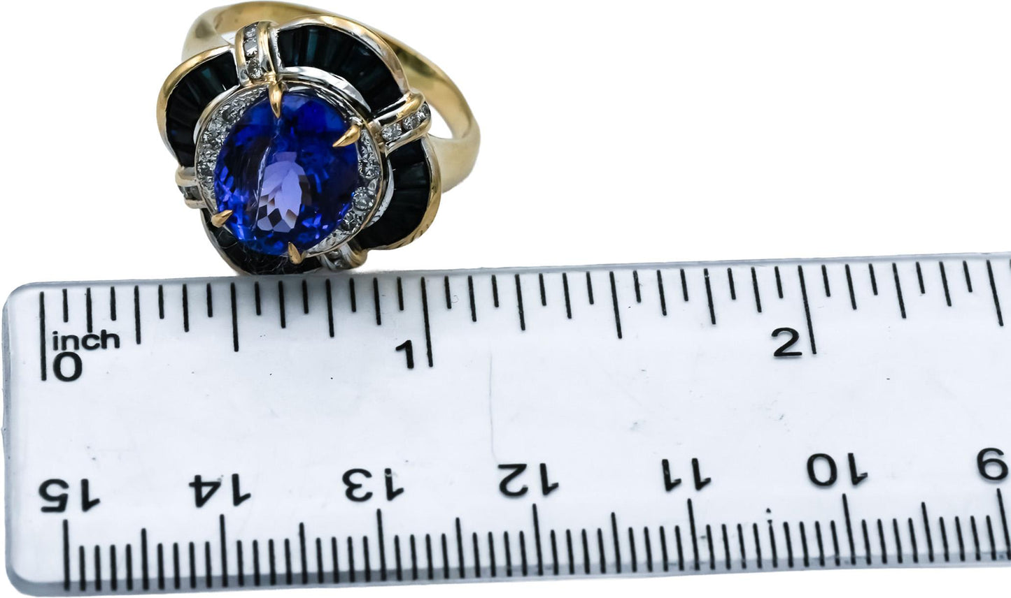 14k Yellow Gold Diamond Tanzanite Sapphire Cocktail Ring 5.76CT Size 9