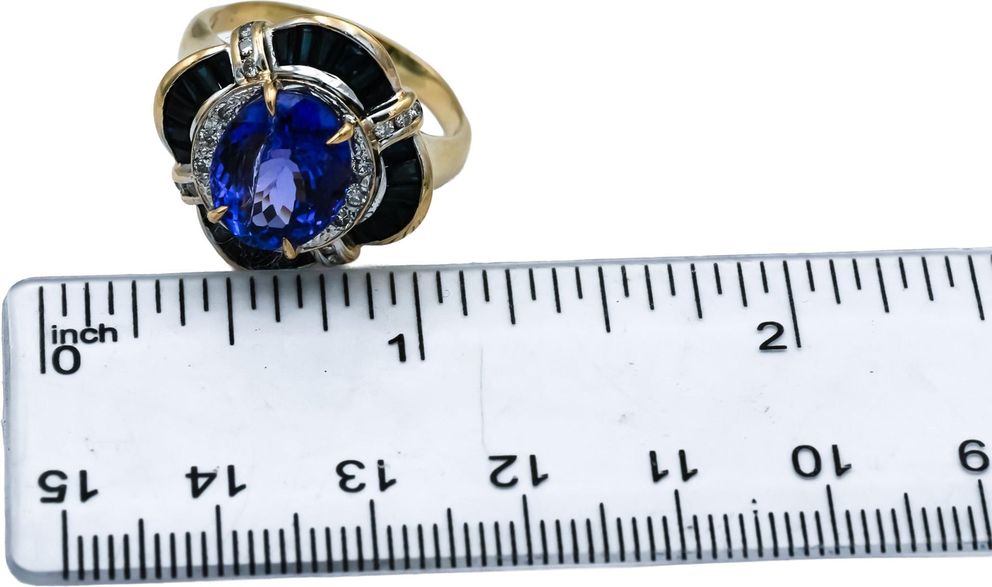 14k Yellow Gold Diamond Tanzanite Sapphire Cocktail Ring 5.76CT Size 9